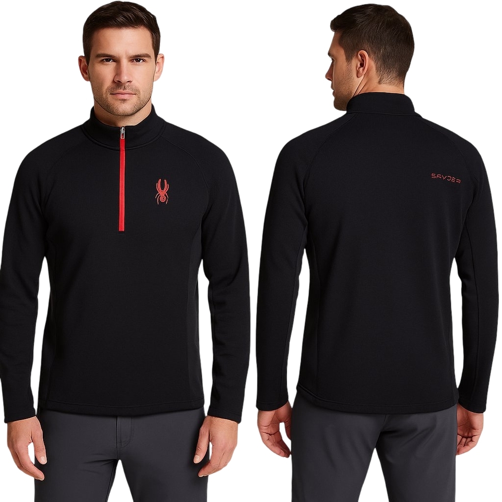 SPYDER Half Zip Pullover Mens Large Black Red Logo Fleece Baselayer Winter Ski